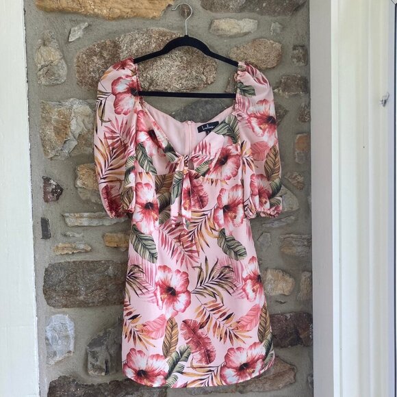 NWT LuLus ZALIKI PINK TROPICAL PRINT TIE-FRONT PUFF SLEEVE MINI DRESS Blush Smal - Picture 4 of 12